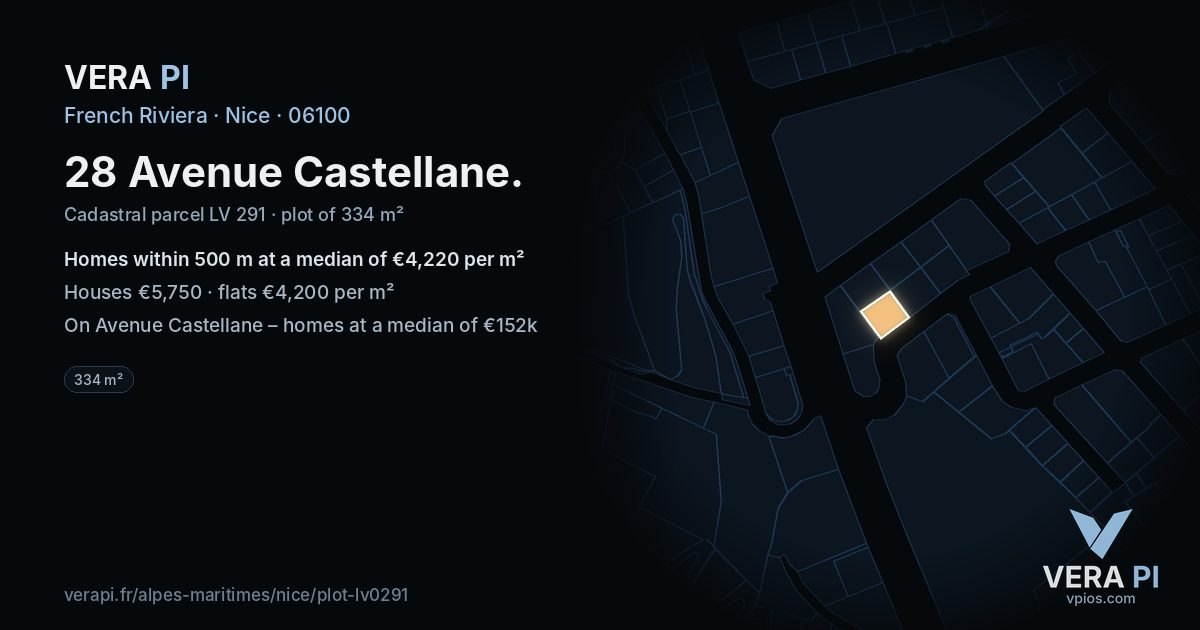 28 Avenue Castellane, Nice at night – the plot lit, the parcels around coloured by the prices near them