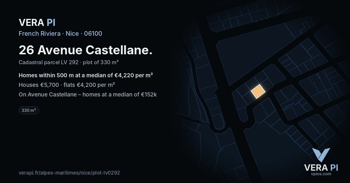 26 Avenue Castellane, Nice at night – the plot lit, the parcels around coloured by the prices near them