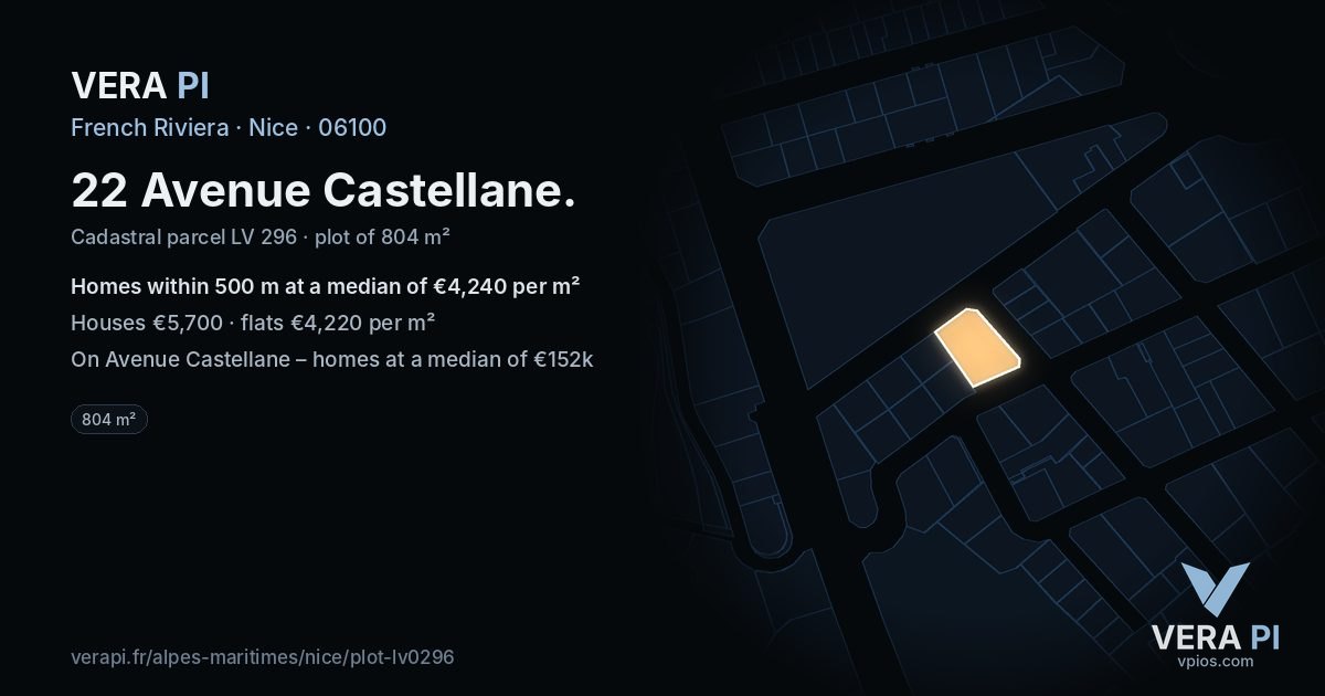 22 Avenue Castellane, Nice at night – the plot lit, the parcels around coloured by the prices near them