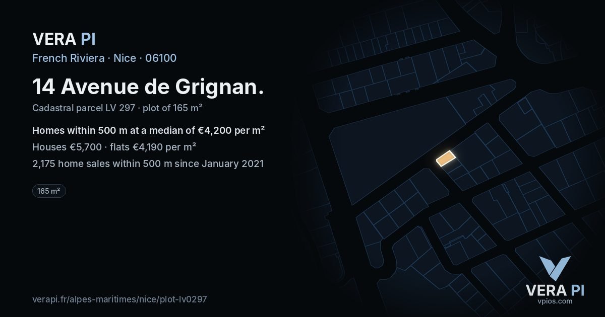 14 Avenue de Grignan, Nice at night – the plot lit, the parcels around coloured by the prices near them