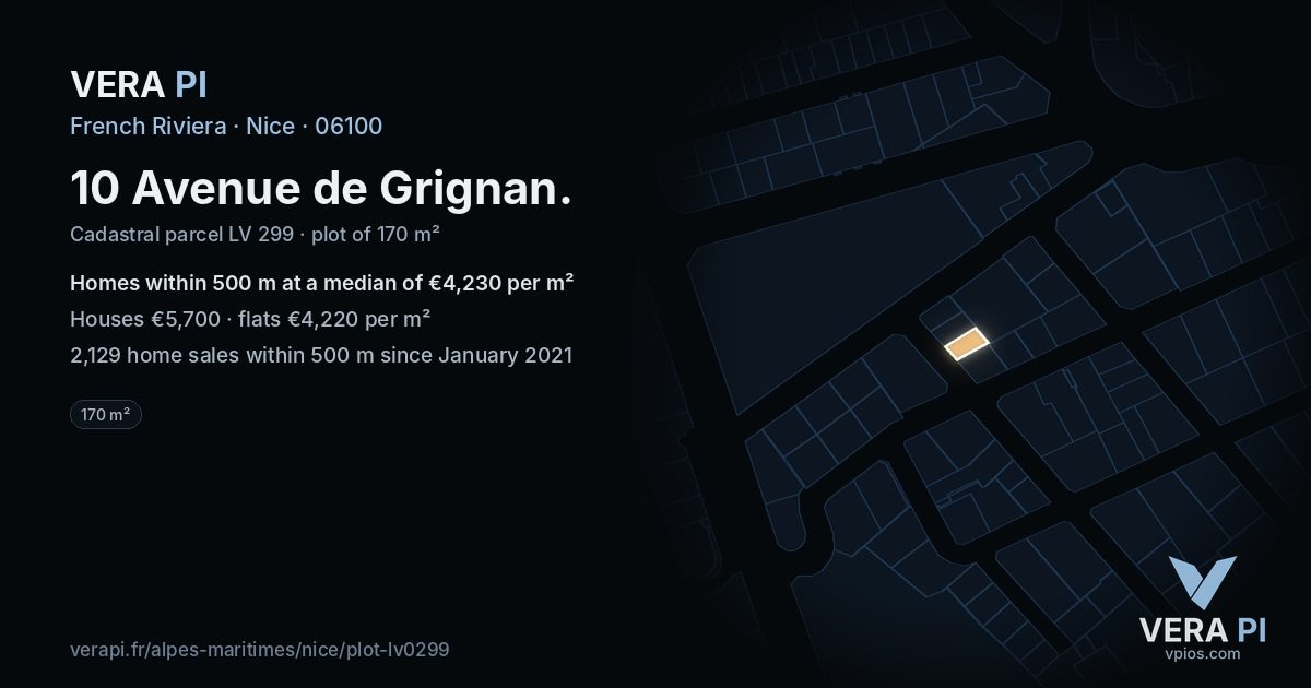 10 Avenue de Grignan, Nice at night – the plot lit, the parcels around coloured by the prices near them