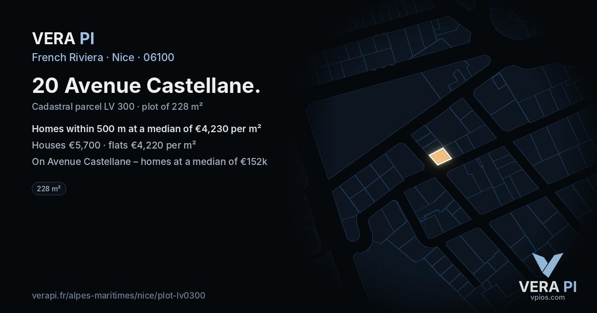 20 Avenue Castellane, Nice at night – the plot lit, the parcels around coloured by the prices near them
