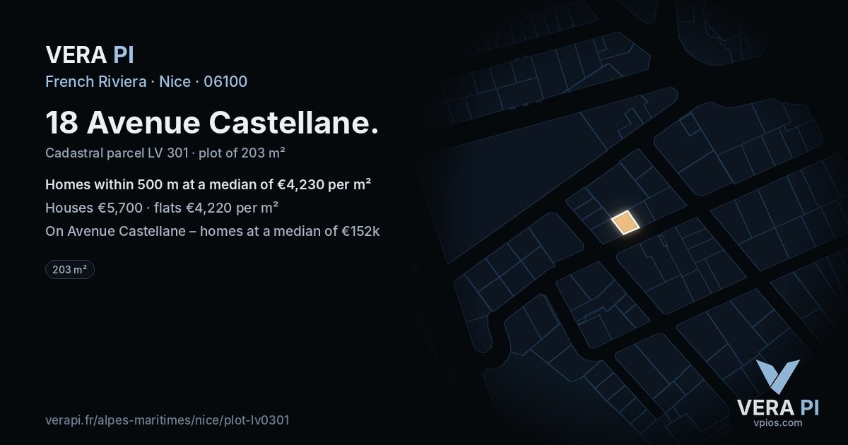 18 Avenue Castellane, Nice at night – the plot lit, the parcels around coloured by the prices near them