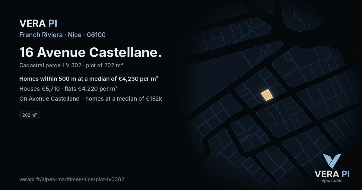 16 Avenue Castellane, Nice at night – the plot lit, the parcels around coloured by the prices near them