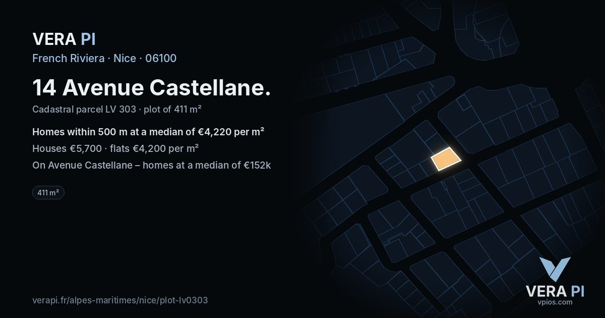 14 Avenue Castellane, Nice at night – the plot lit, the parcels around coloured by the prices near them