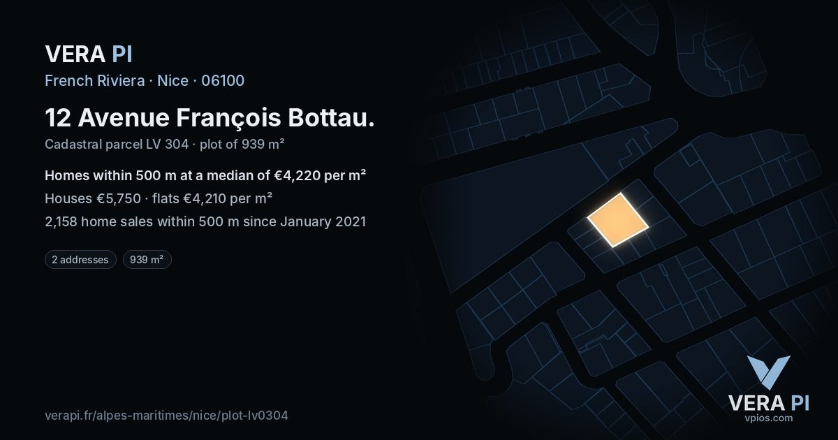 12 Avenue François Bottau, Nice at night – the plot lit, the parcels around coloured by the prices near them