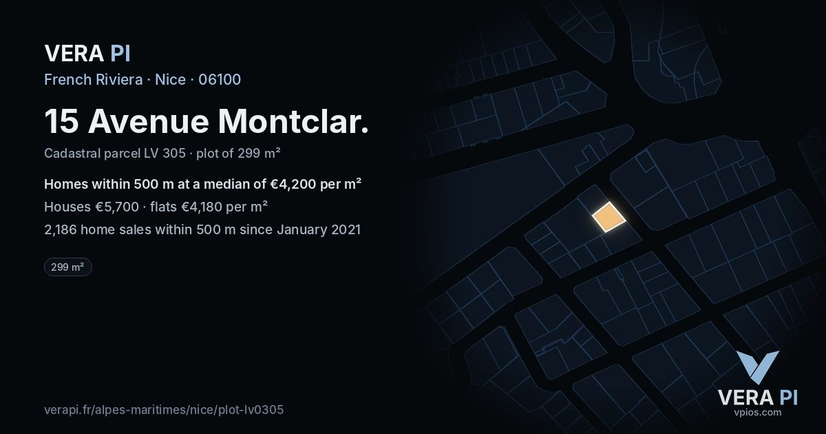 15 Avenue Montclar, Nice at night – the plot lit, the parcels around coloured by the prices near them