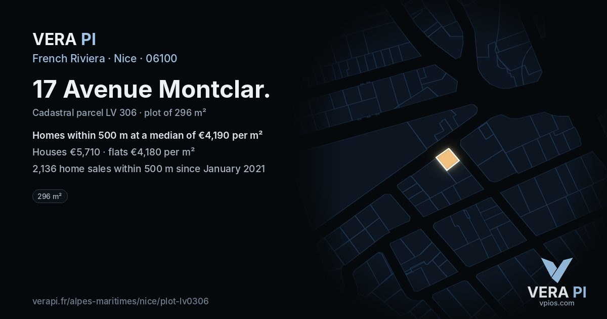 17 Avenue Montclar, Nice at night – the plot lit, the parcels around coloured by the prices near them