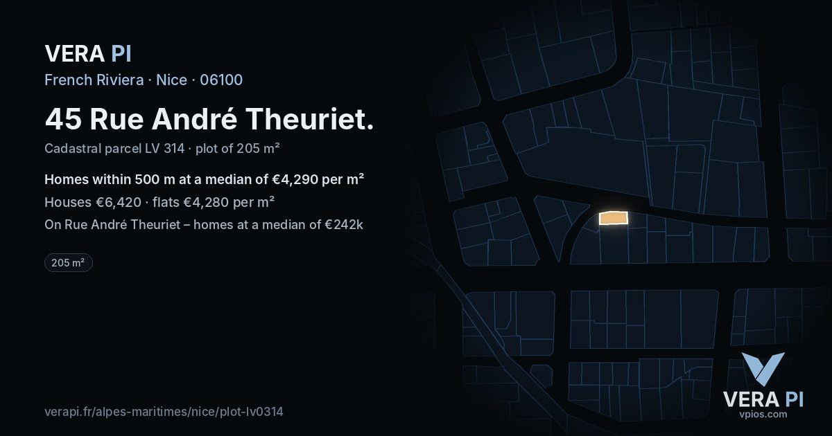 45 Rue André Theuriet, Nice at night – the plot lit, the parcels around coloured by the prices near them