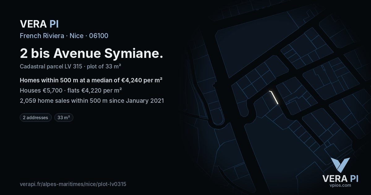2 bis Avenue Symiane, Nice at night – the plot lit, the parcels around coloured by the prices near them