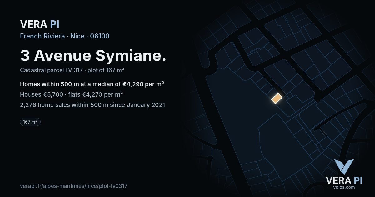 3 Avenue Symiane, Nice at night – the plot lit, the parcels around coloured by the prices near them