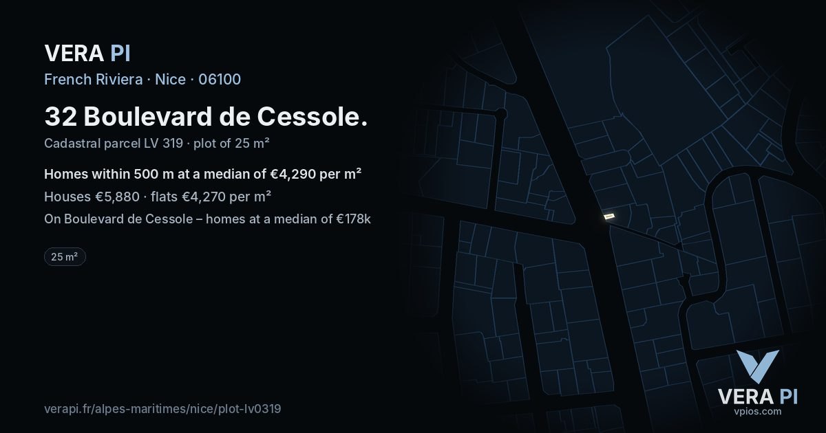 32 Boulevard de Cessole, Nice at night – the plot lit, the parcels around coloured by the prices near them
