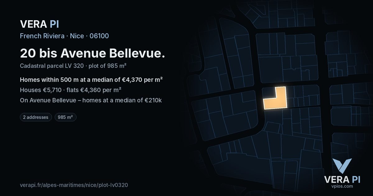 20 bis Avenue Bellevue, Nice at night – the plot lit, the parcels around coloured by the prices near them