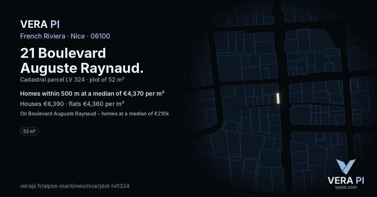 21 Boulevard Auguste Raynaud, Nice at night – the plot lit, the parcels around coloured by the prices near them