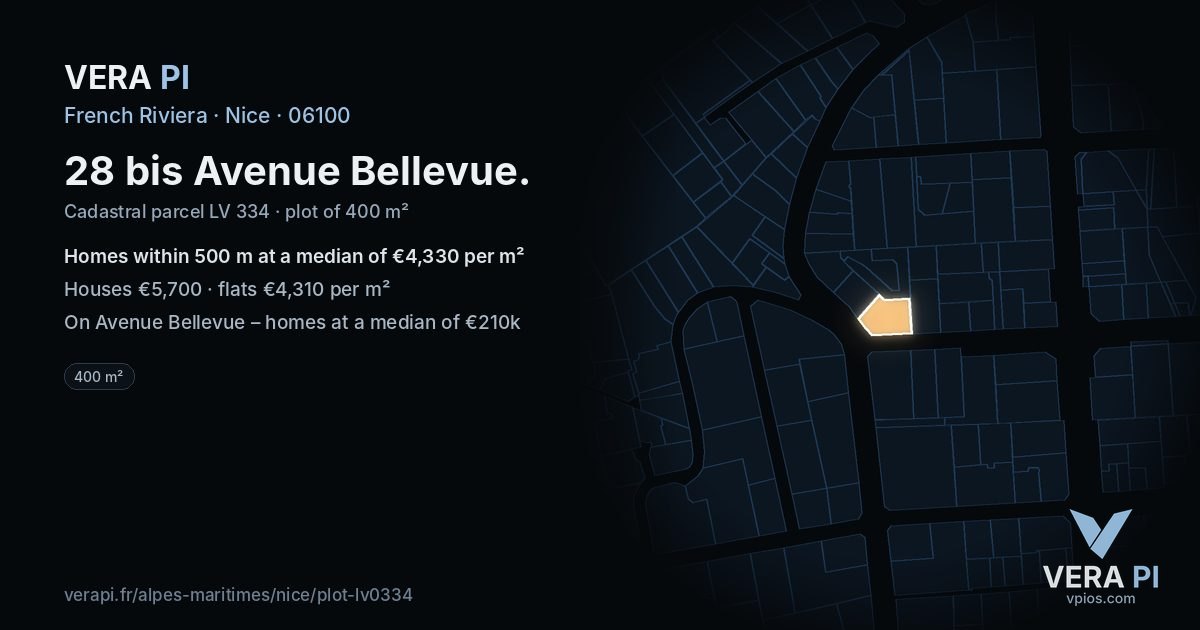 28 bis Avenue Bellevue, Nice at night – the plot lit, the parcels around coloured by the prices near them