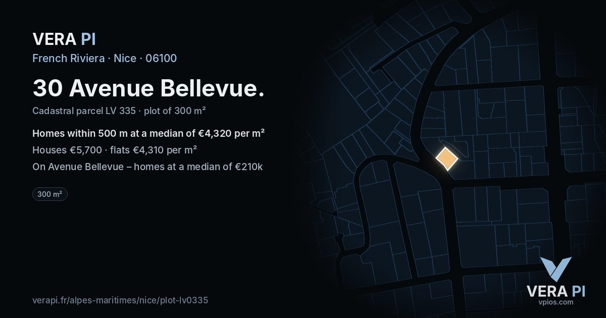30 Avenue Bellevue, Nice at night – the plot lit, the parcels around coloured by the prices near them