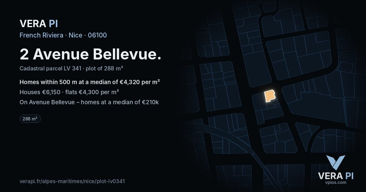 2 Avenue Bellevue, Nice at night – the plot lit, the parcels around coloured by the prices near them