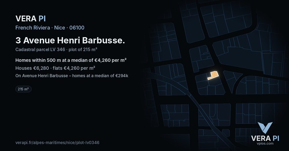 3 Avenue Henri Barbusse, Nice at night – the plot lit, the parcels around coloured by the prices near them