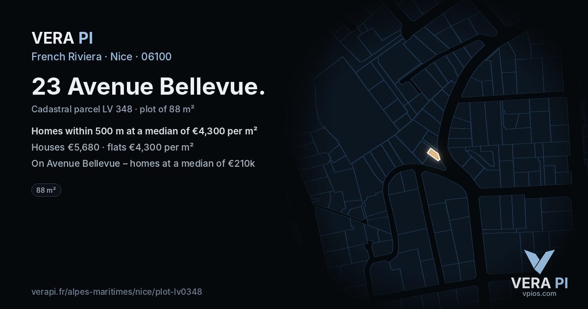 23 Avenue Bellevue, Nice at night – the plot lit, the parcels around coloured by the prices near them