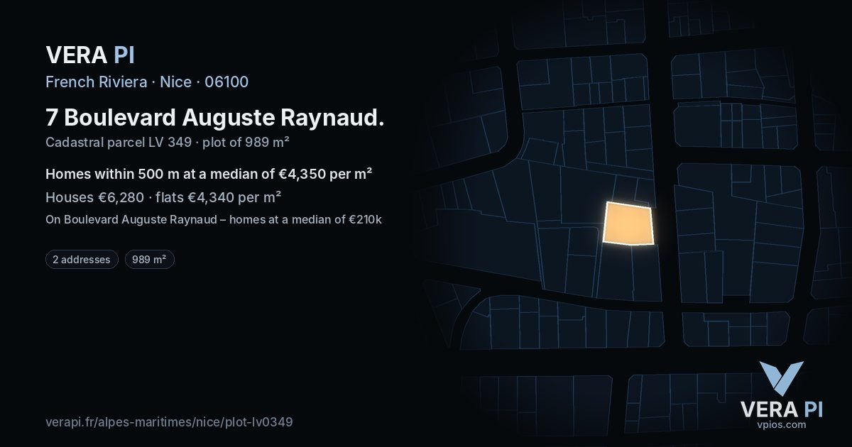 7 Boulevard Auguste Raynaud, Nice at night – the plot lit, the parcels around coloured by the prices near them