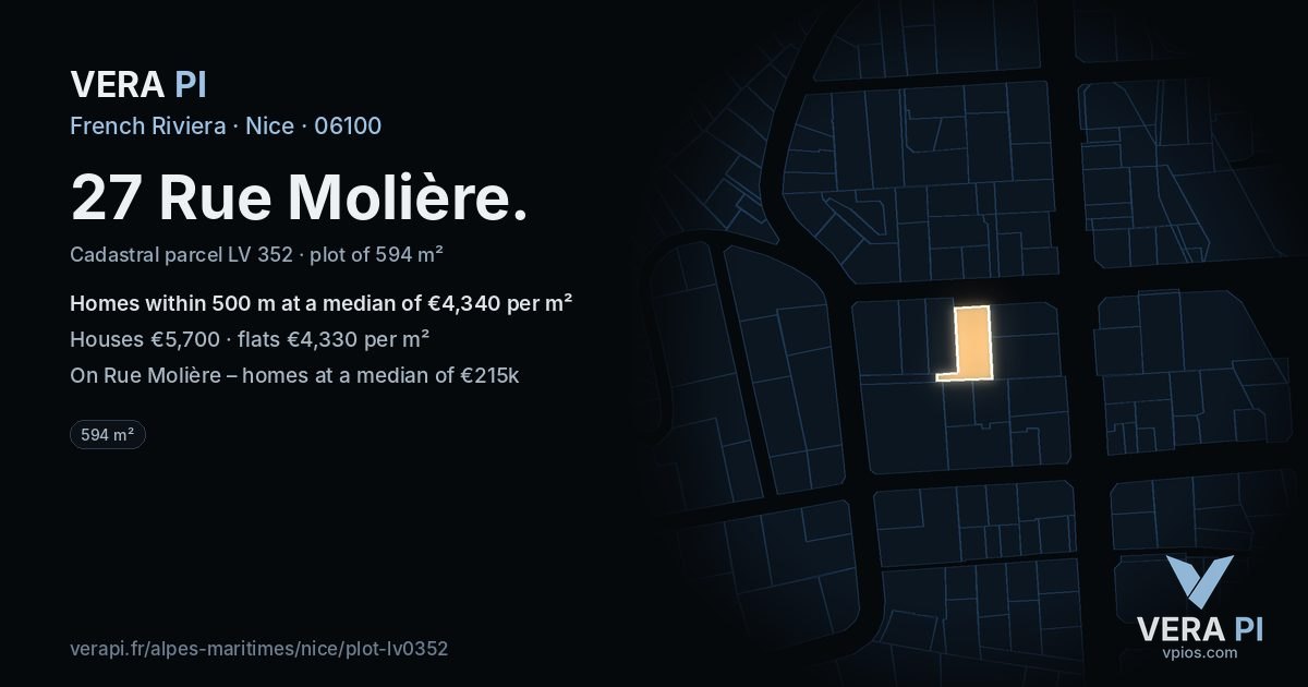 27 Rue Molière, Nice at night – the plot lit, the parcels around coloured by the prices near them