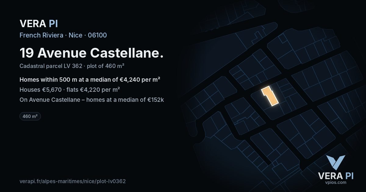 19 Avenue Castellane, Nice at night – the plot lit, the parcels around coloured by the prices near them