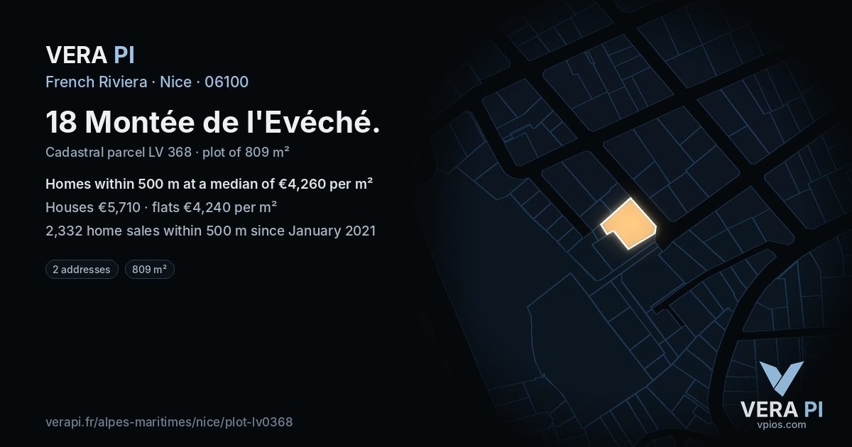 18 Montée de l'Evéché, Nice at night – the plot lit, the parcels around coloured by the prices near them