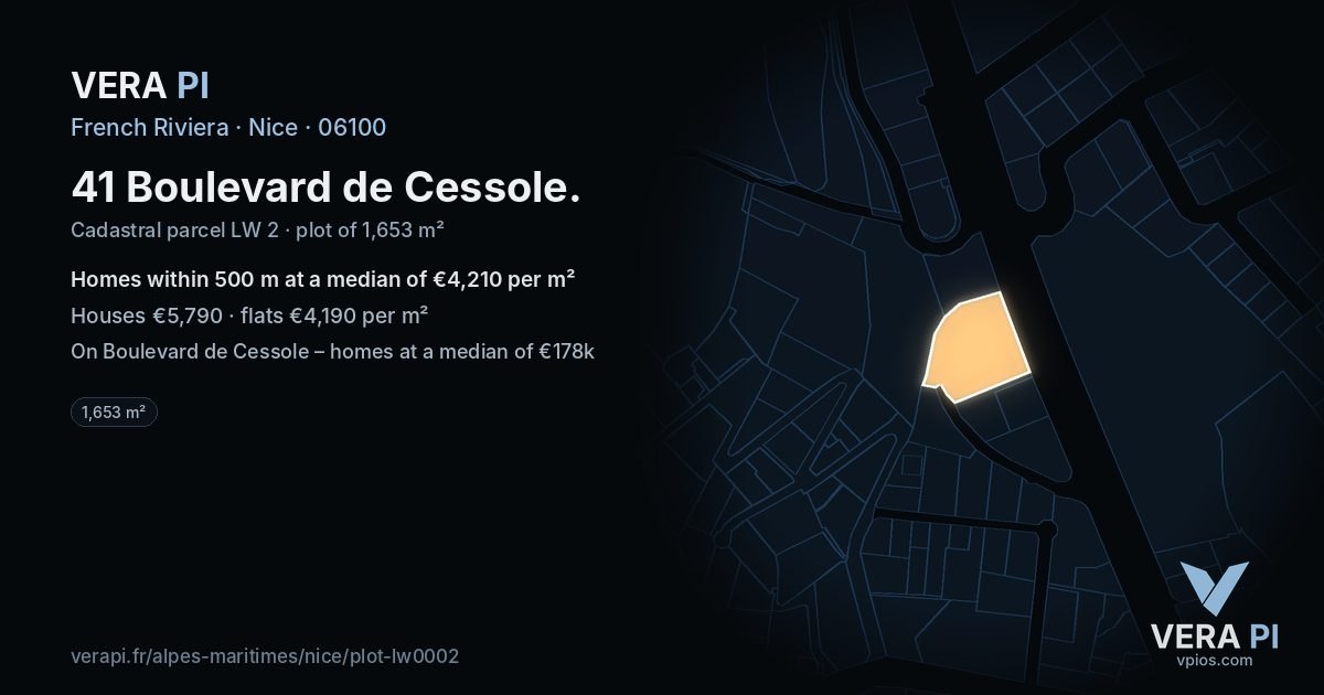 41 Boulevard de Cessole, Nice at night – the plot lit, the parcels around coloured by the prices near them