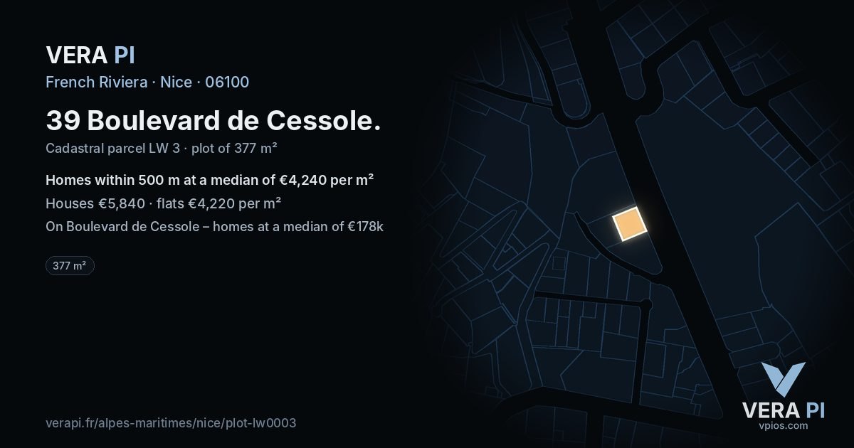 39 Boulevard de Cessole, Nice at night – the plot lit, the parcels around coloured by the prices near them