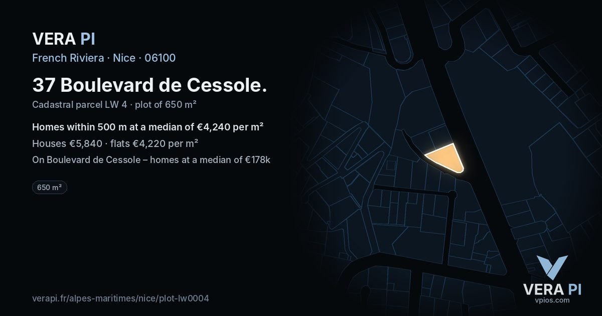 37 Boulevard de Cessole, Nice at night – the plot lit, the parcels around coloured by the prices near them