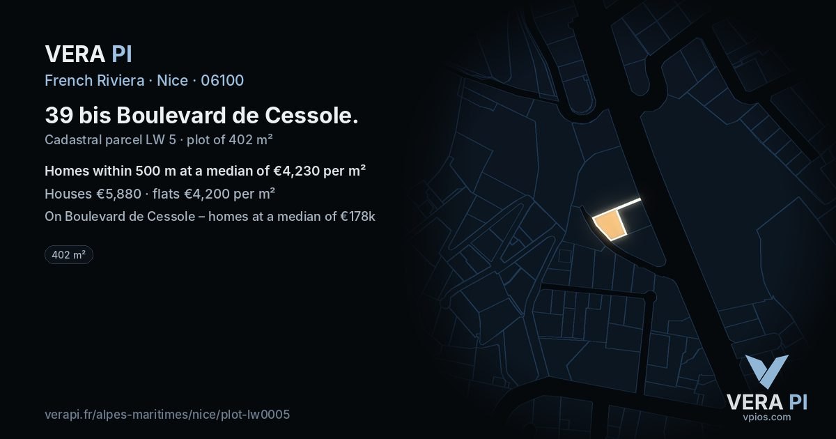 39 bis Boulevard de Cessole, Nice at night – the plot lit, the parcels around coloured by the prices near them