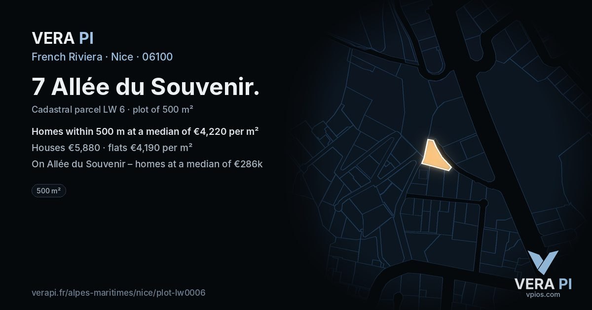 7 Allée du Souvenir, Nice at night – the plot lit, the parcels around coloured by the prices near them