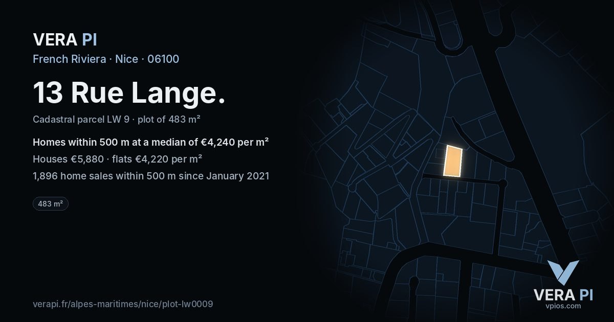 13 Rue Lange, Nice at night – the plot lit, the parcels around coloured by the prices near them