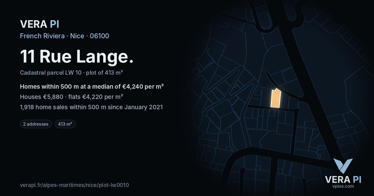 11 Rue Lange, Nice at night – the plot lit, the parcels around coloured by the prices near them