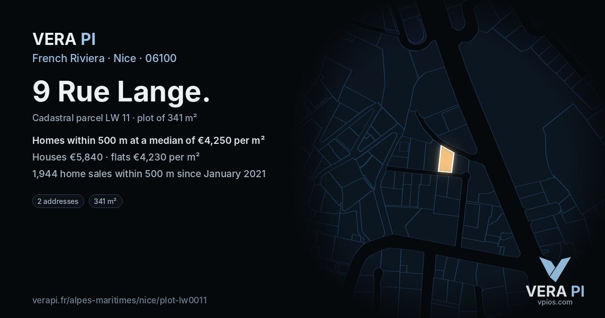 9 Rue Lange, Nice at night – the plot lit, the parcels around coloured by the prices near them