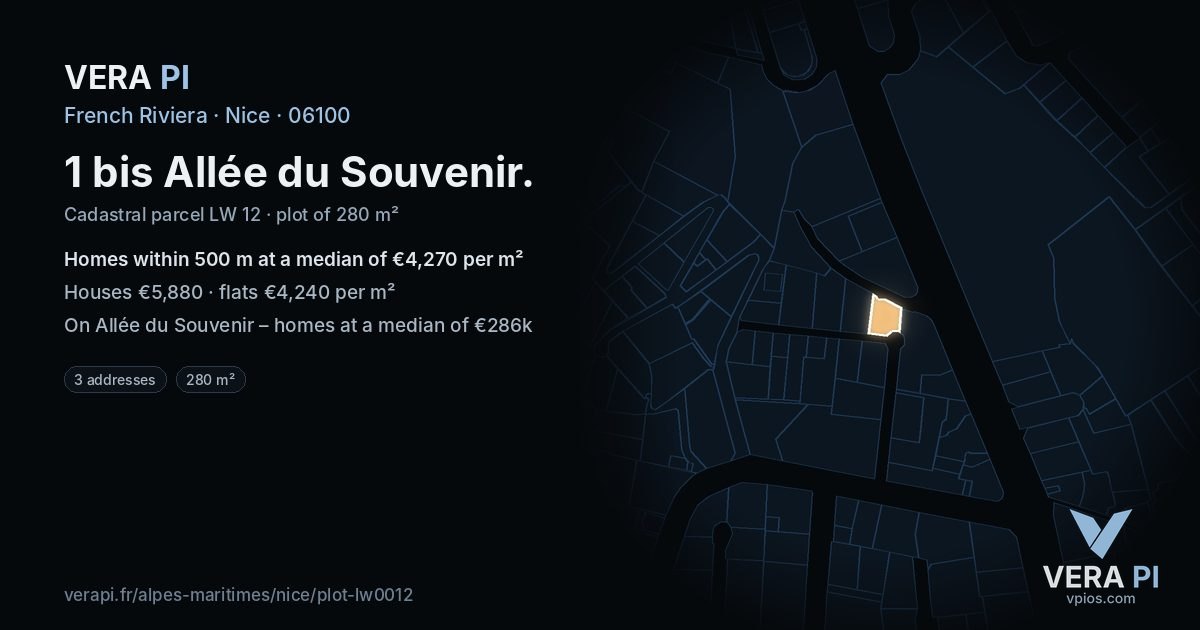 1 bis Allée du Souvenir, Nice at night – the plot lit, the parcels around coloured by the prices near them