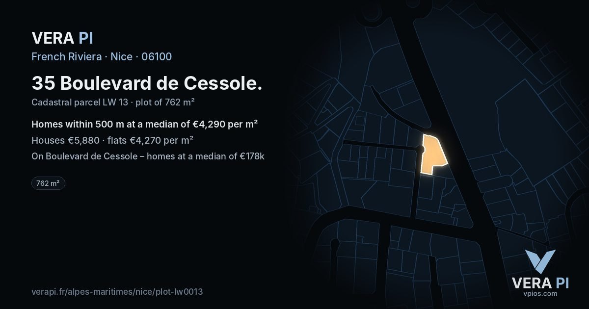 35 Boulevard de Cessole, Nice at night – the plot lit, the parcels around coloured by the prices near them