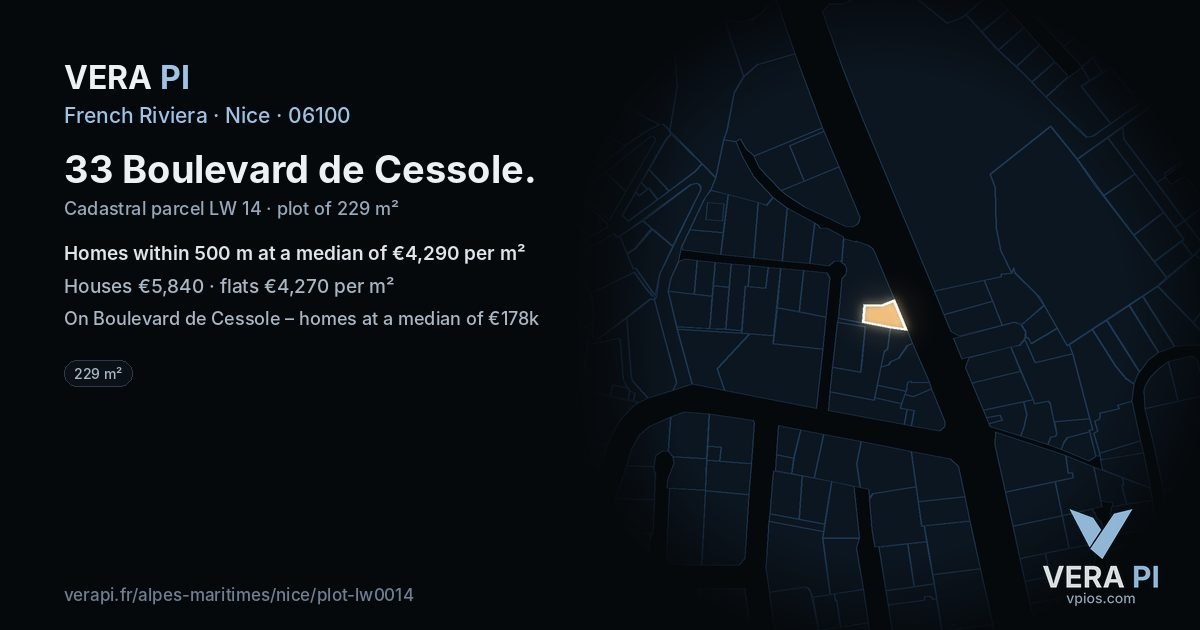 33 Boulevard de Cessole, Nice at night – the plot lit, the parcels around coloured by the prices near them