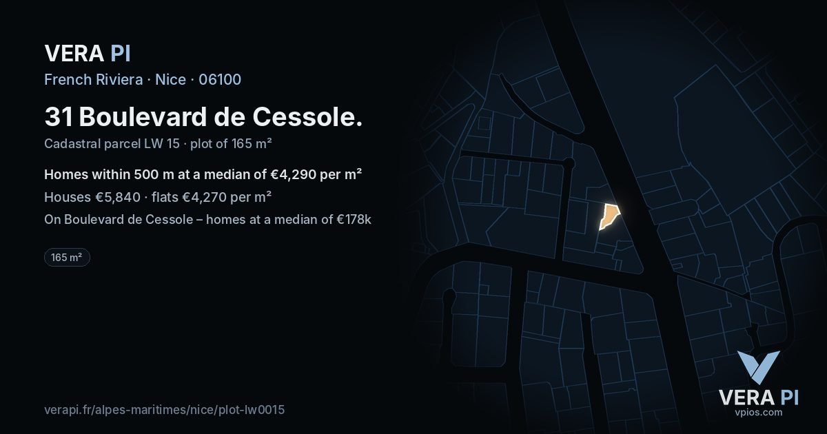 31 Boulevard de Cessole, Nice at night – the plot lit, the parcels around coloured by the prices near them