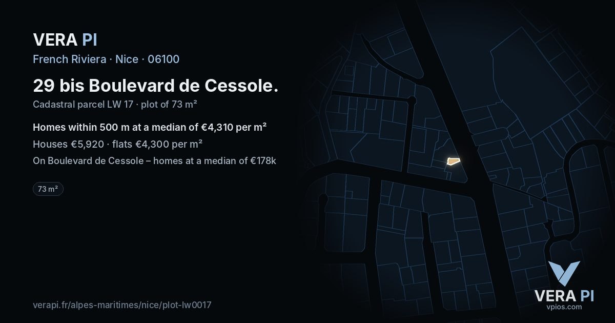 29 bis Boulevard de Cessole, Nice at night – the plot lit, the parcels around coloured by the prices near them