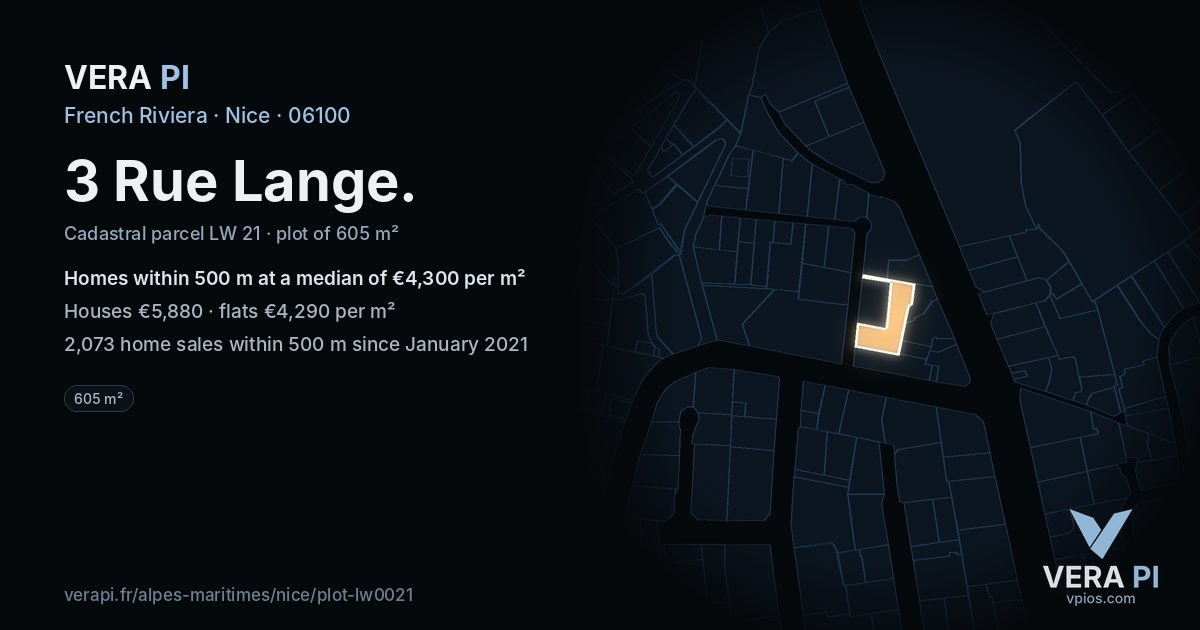 3 Rue Lange, Nice at night – the plot lit, the parcels around coloured by the prices near them