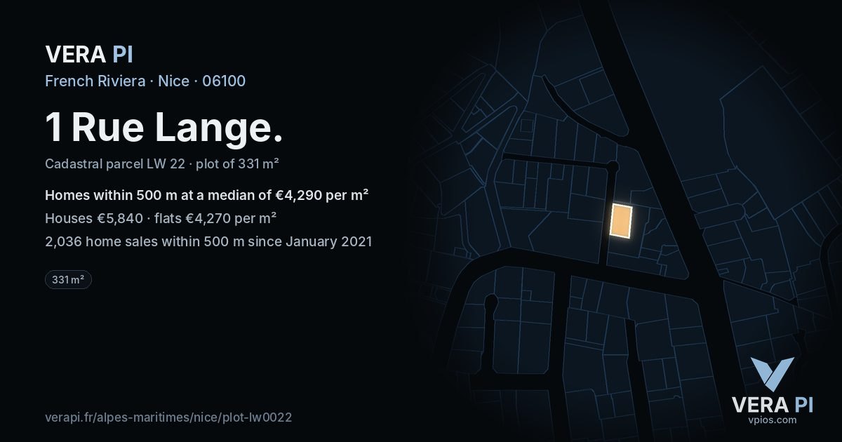 1 Rue Lange, Nice at night – the plot lit, the parcels around coloured by the prices near them