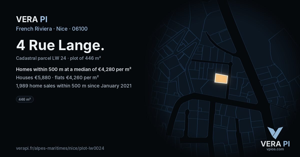 4 Rue Lange, Nice at night – the plot lit, the parcels around coloured by the prices near them