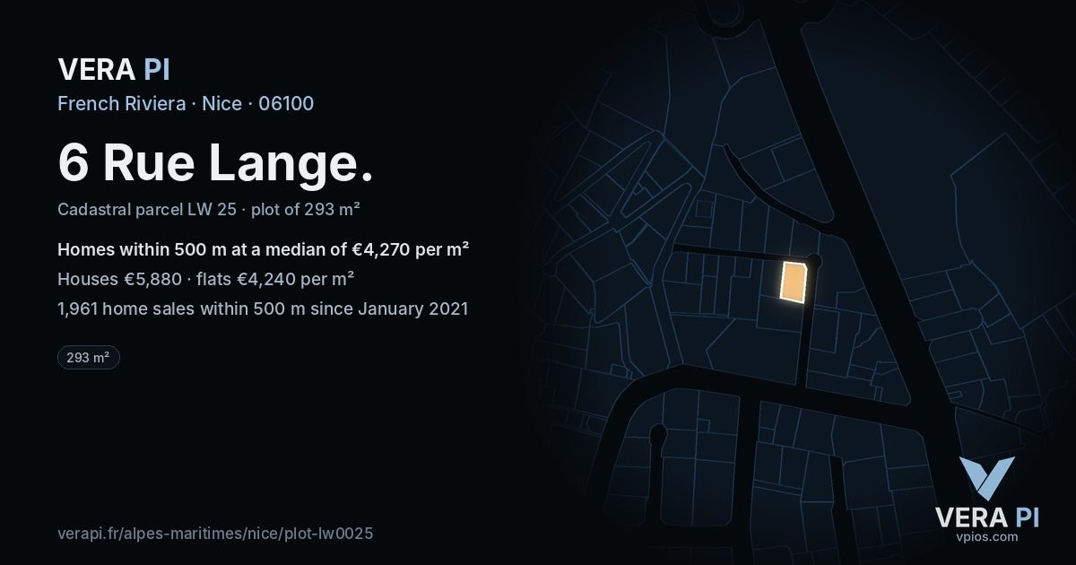 6 Rue Lange, Nice at night – the plot lit, the parcels around coloured by the prices near them