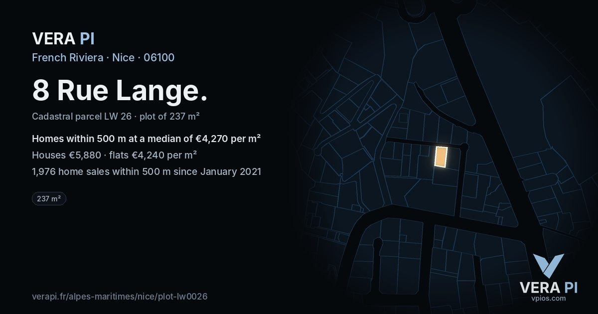 8 Rue Lange, Nice at night – the plot lit, the parcels around coloured by the prices near them