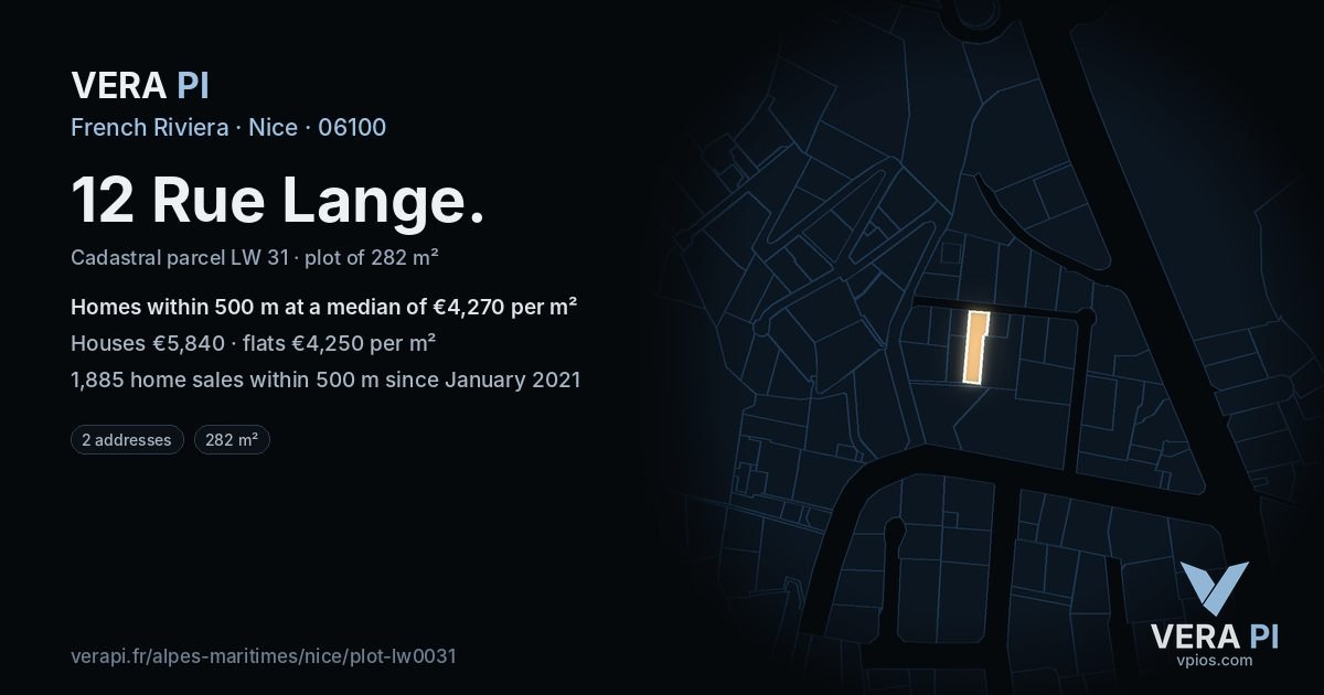 12 Rue Lange, Nice at night – the plot lit, the parcels around coloured by the prices near them