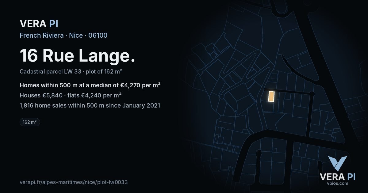 16 Rue Lange, Nice at night – the plot lit, the parcels around coloured by the prices near them