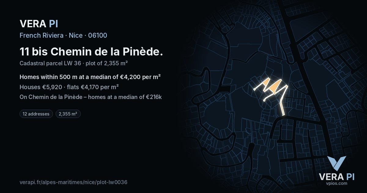 11 bis Chemin de la Pinède, Nice at night – the plot lit, the parcels around coloured by the prices near them