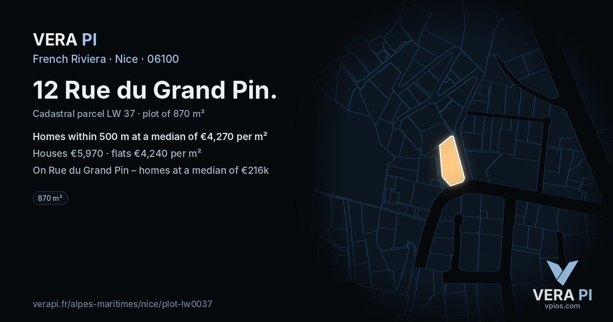 12 Rue du Grand Pin, Nice at night – the plot lit, the parcels around coloured by the prices near them