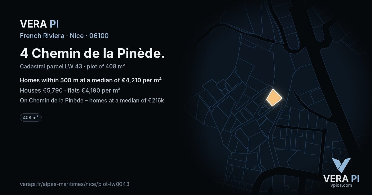 4 Chemin de la Pinède, Nice at night – the plot lit, the parcels around coloured by the prices near them